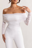 Whisper White Ruched Mesh Bardot Jumpsuit