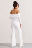 Whisper White Ruched Mesh Bardot Jumpsuit