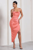 Risk It All Coral Cami Cowl Neck Asymmetric Hem Midi Dress