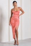 Risk It All Coral Cami Cowl Neck Asymmetric Hem Midi Dress