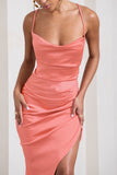 Risk It All Coral Cami Cowl Neck Asymmetric Hem Midi Dress