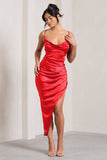 Risk It All Red Cami Cowl Neck Satin Asymmetric Hem Midi Dress