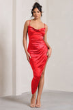 Risk It All Red Cami Cowl Neck Satin Asymmetric Hem Midi Dress