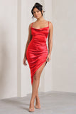 Risk It All Red Cami Cowl Neck Satin Asymmetric Hem Midi Dress