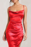 Risk It All Red Cami Cowl Neck Satin Asymmetric Hem Midi Dress