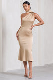 Golden Girl Champagne Satin One Shoulder High-Neck Flared Midi Dress
