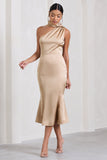 Golden Girl Champagne Satin One Shoulder High-Neck Flared Midi Dress