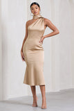 Golden Girl Champagne Satin One Shoulder High-Neck Flared Midi Dress
