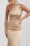 Golden Girl Champagne Satin One Shoulder High-Neck Flared Midi Dress