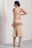 Golden Girl Champagne Satin One Shoulder High-Neck Flared Midi Dress
