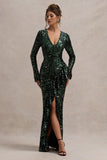 Wild Dream Green Sequin Plunge-Neck Ruffle Split Maxi Dress