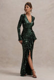 Wild Dream Green Sequin Plunge-Neck Ruffle Split Maxi Dress