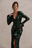 Wild Dream Green Sequin Plunge-Neck Ruffle Split Maxi Dress