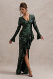 Wild Dream Green Sequin Plunge-Neck Ruffle Split Maxi Dress