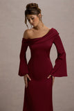 Astral Port Satin Asymmetric Flared-Sleeve Midi Dress