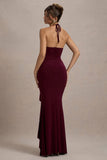 Lucena Burgundy Cowl-Neck Wrap Maxi Dress With Floral Drape