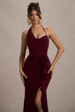 Lucena Burgundy Cowl-Neck Wrap Maxi Dress With Floral Drape