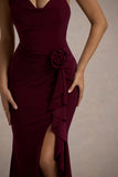 Lucena Burgundy Cowl-Neck Wrap Maxi Dress With Floral Drape