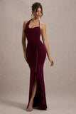 Lucena Burgundy Cowl-Neck Wrap Maxi Dress With Floral Drape