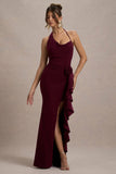 Lucena Burgundy Cowl-Neck Wrap Maxi Dress With Floral Drape