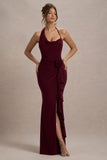 Lucena Burgundy Cowl-Neck Wrap Maxi Dress With Floral Drape