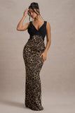 Sahara Leopard Print Satin V-Neck Maxi Dress With Black Lace Trim