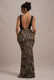Sahara Leopard Print Satin V-Neck Maxi Dress With Black Lace Trim