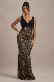 Sahara Leopard Print Satin V-Neck Maxi Dress With Black Lace Trim
