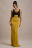 Sahara Mustard Satin V-Neck Maxi Dress With Black Lace Trim