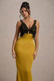 Sahara Mustard Satin V-Neck Maxi Dress With Black Lace Trim