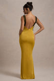 Sahara Mustard Satin V-Neck Maxi Dress With Black Lace Trim