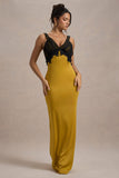 Sahara Mustard Satin V-Neck Maxi Dress With Black Lace Trim