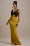 Sahara Mustard Satin V-Neck Maxi Dress With Black Lace Trim