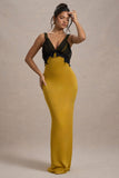 Sahara Mustard Satin V-Neck Maxi Dress With Black Lace Trim