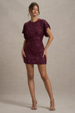 Juno Berry Sequin Short-Sleeve Cowl-Back Mini Dress