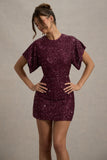 Juno Berry Sequin Short-Sleeve Cowl-Back Mini Dress