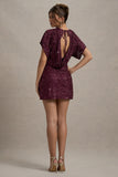 Juno Berry Sequin Short-Sleeve Cowl-Back Mini Dress