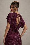 Juno Berry Sequin Short-Sleeve Cowl-Back Mini Dress