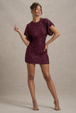 Juno Berry Sequin Short-Sleeve Cowl-Back Mini Dress