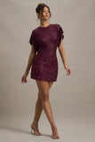 Juno Berry Sequin Short-Sleeve Cowl-Back Mini Dress