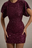 Juno Berry Sequin Short-Sleeve Cowl-Back Mini Dress