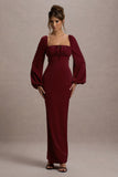 Nika Berry Satin Square-Neck Balloon-Sleeve Maxi Dress