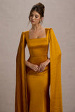 Nalda Mustard Square-Neck Midi Dress With Cape Sleeves