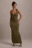 Twist Of Fate Khaki Green Twist-Neck Maxi Dress