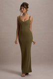 Twist Of Fate Khaki Green Twist-Neck Maxi Dress