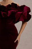 Cecily Red Velvet Bardot Maxi Dress With Satin Ruffle Trim