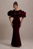 Cecily Red Velvet Bardot Maxi Dress With Satin Ruffle Trim