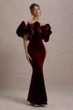 Cecily Red Velvet Bardot Maxi Dress With Satin Ruffle Trim
