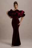 Cecily Red Velvet Bardot Maxi Dress With Satin Ruffle Trim