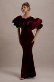 Cecily Red Velvet Bardot Maxi Dress With Satin Ruffle Trim
